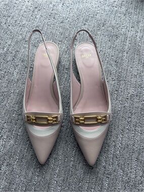 Bally Pink and White Leather Slingback Pointed-Toe Pumps with Gold Buckle